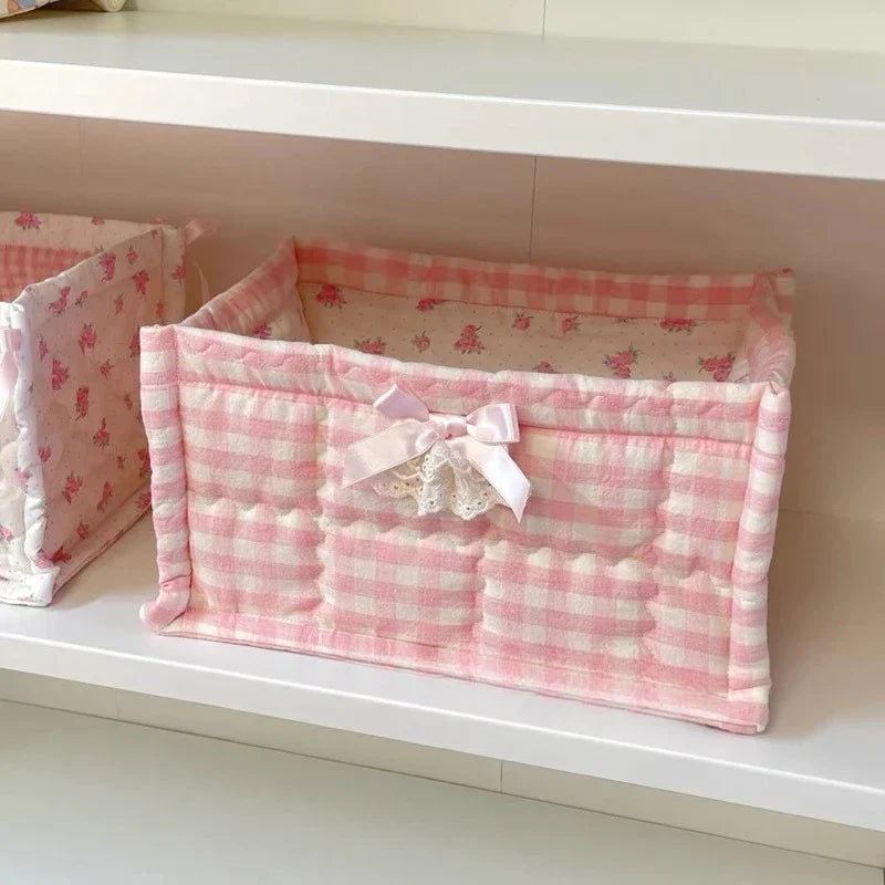 Square Storage Basket Lace Flower Desktop Organizer Storage Basket Korean Quilted Storage Basket Cute Storage Frame Home Decorat