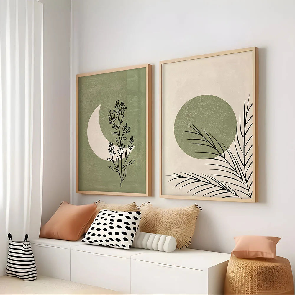2pcs/set Bohemian Plant Moon Sun Canvas Poster Green Beige Background Landscape Wall Art Print for Modern Living Room Home Decor