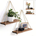Wooden Swing Hanging Hemp Rope Wall Shelve Mounted Floating Home Living Room Plant Flower Pot Tray Storage Garden Decoration