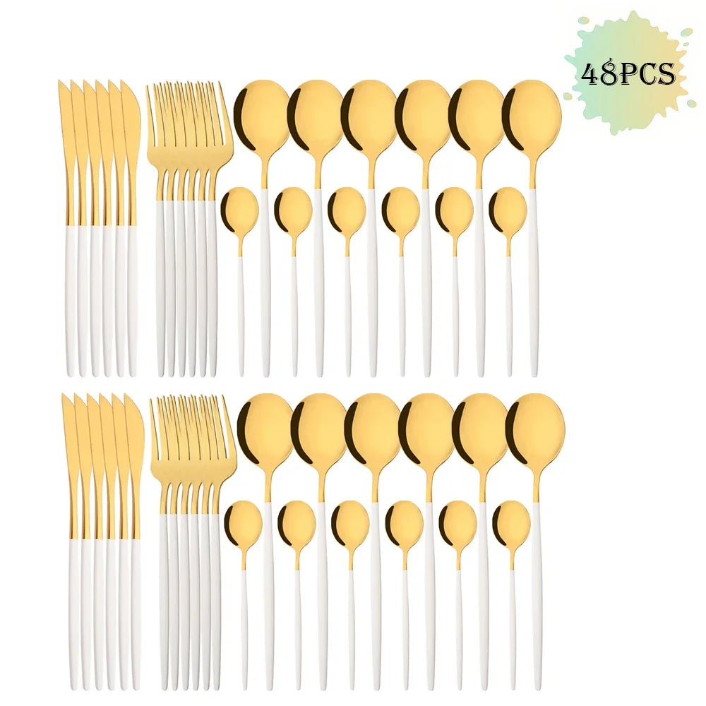 16/24/32/48Pcs Dinnerware Set White Gold Dinner Cutlery Set Stainless Steel Flatware Fork Kitchen Knife Fork Spoon Tableware Set