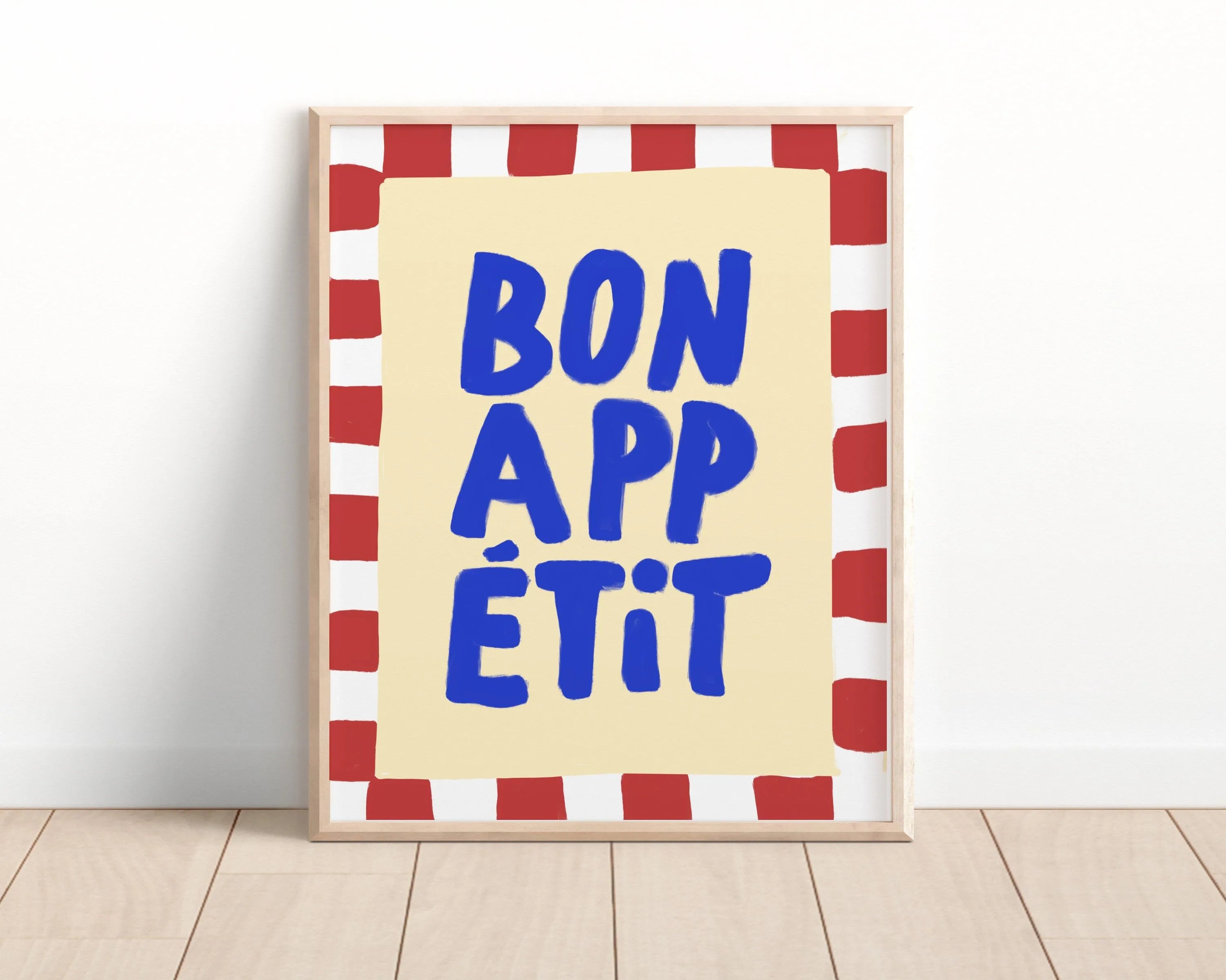 Bon Appetit Yellow White Striped Kitchen Print Mid-century French Quotation Wall Art Posters for Modern Living Rooms Home Decor