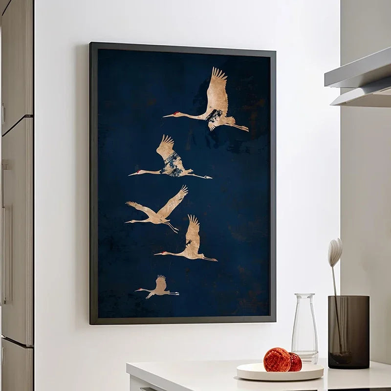 1pc Flying Crane Print Vintage Style Birds Prints Japanese Crane Painting Antique Canvas Wall Maximalist Art Home Decor