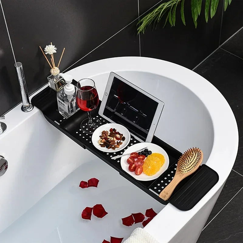 Multi-Function Bathtub Accessories: Retractable Bath Shelf, Tub Storage Rack, Towel Organizer for Bathroom