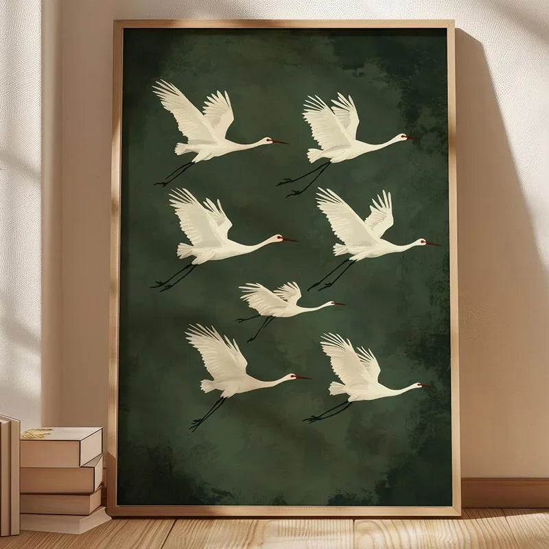 1pc Flying Crane Print Vintage Style Birds Prints Japanese Crane Painting Antique Canvas Wall Maximalist Art Home Decor