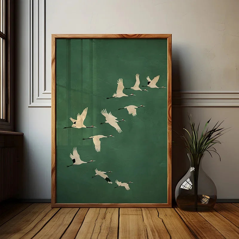 1pc Flying Crane Print Vintage Style Birds Prints Japanese Crane Painting Antique Canvas Wall Maximalist Art Home Decor