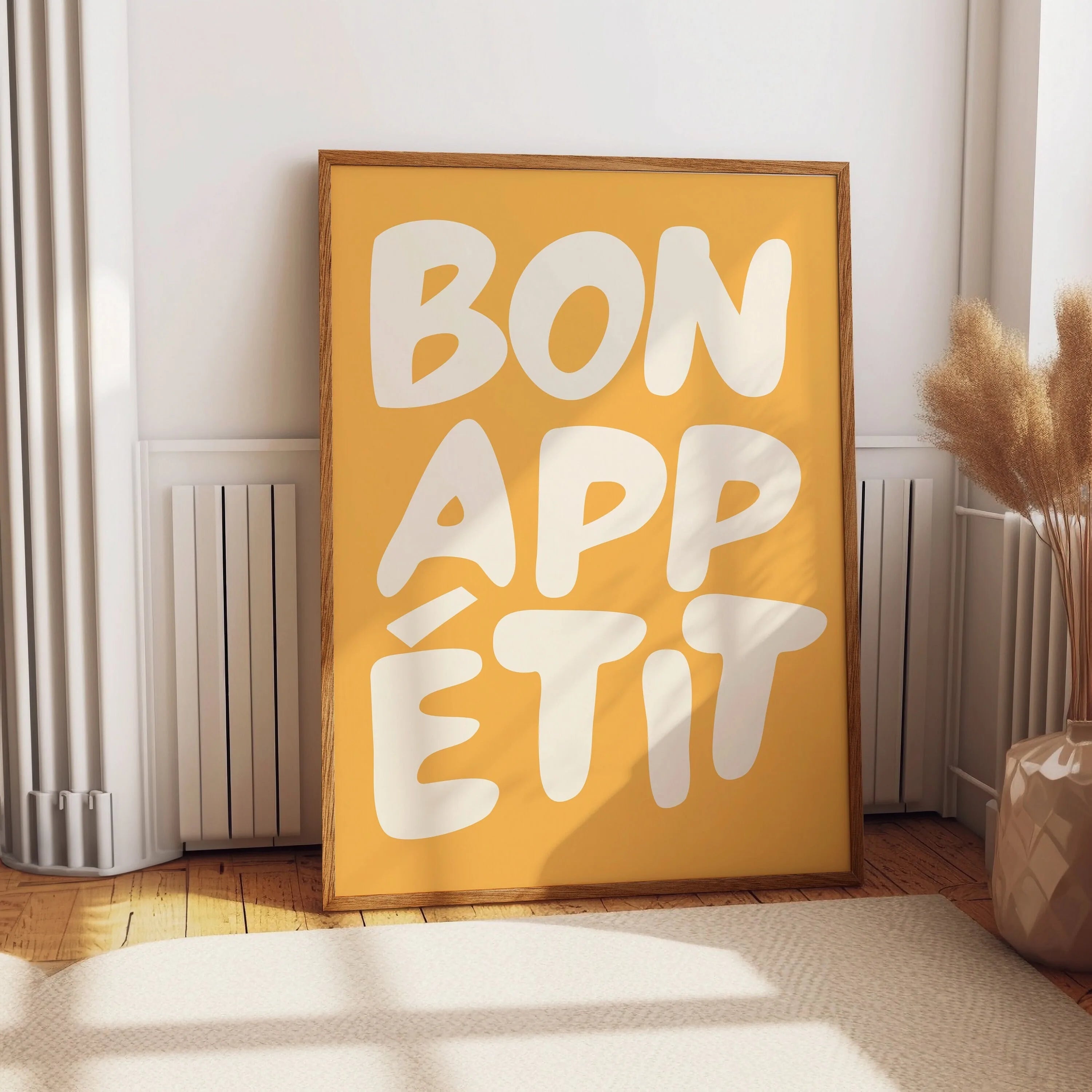 Bon Appetit Yellow White Striped Kitchen Print Mid-century French Quotation Wall Art Posters for Modern Living Rooms Home Decor