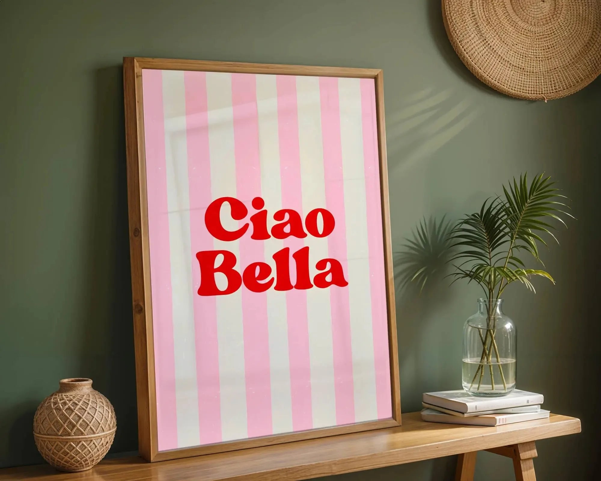 Ciao Bella Sage Green Striped Canvas Print Italy La Dolce Vita Quotation Wall Art Poster for Modern Living Room Y2k Home Decor