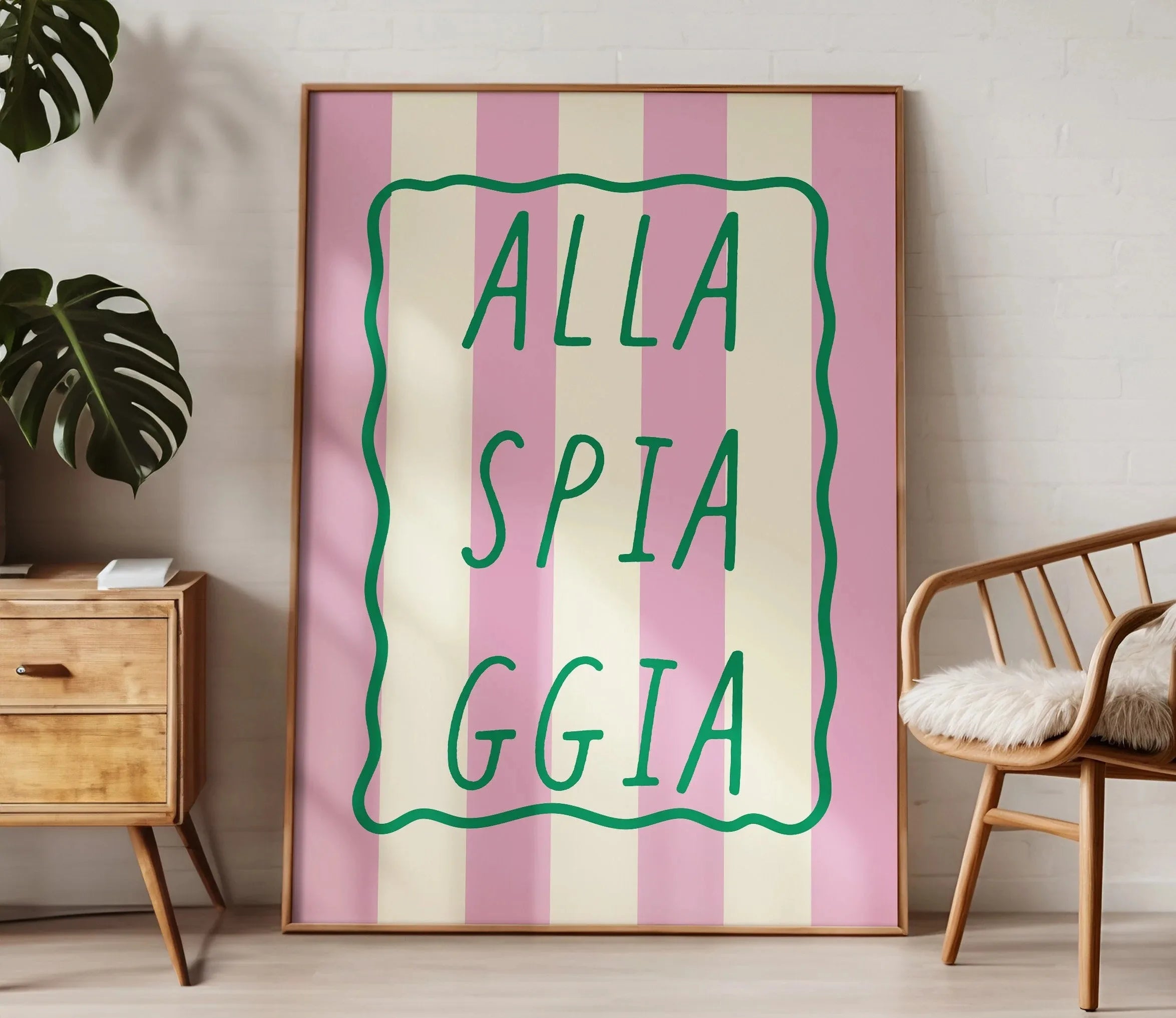 Ciao Bella Sage Green Striped Canvas Print Italy La Dolce Vita Quotation Wall Art Poster for Modern Living Room Y2k Home Decor