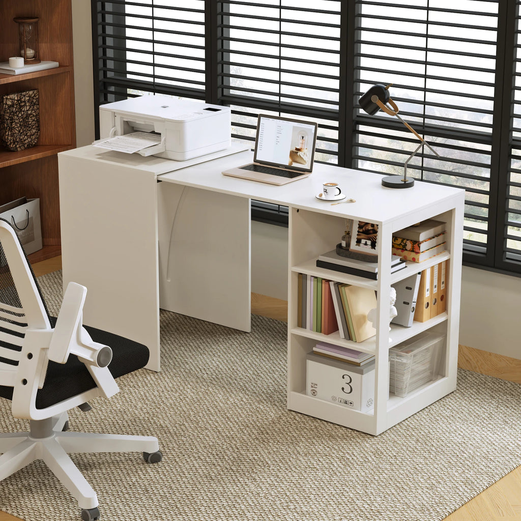 58" Office Desk with Pull Out Table on Hidden Wheels, Computer Desk with 3-Tier Open Shelves, Folding Desks for Small Spaces, as Kitchen Island, Bar(White)