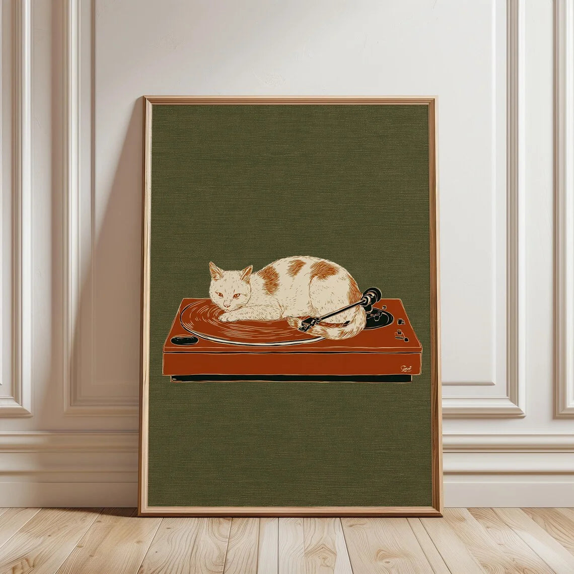 Retro Cat with Coffee Wall Art, Vintage Record Player Print, Cozy Living Room Decor, Bohemian Music Lover Poster, Colorful Home
