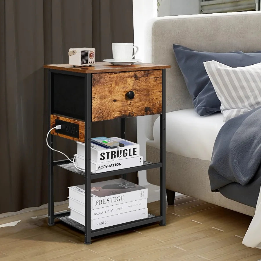 Modern Nightstand with 2 Storage Shelves and Charging Station Rustic Brown