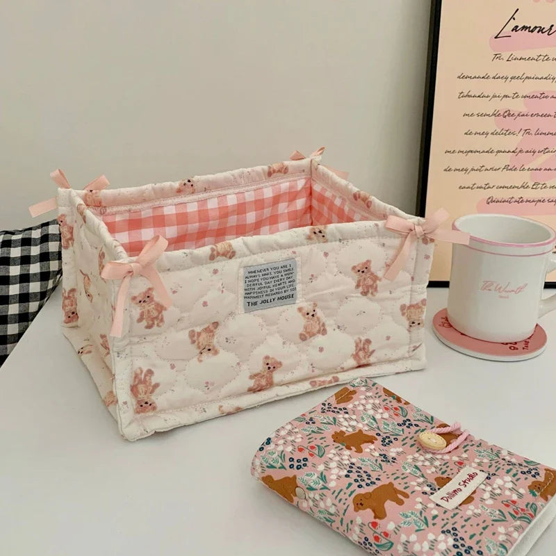 Square Storage Basket Lace Flower Desktop Organizer Storage Basket Korean Quilted Storage Basket Cute Storage Frame Home Decorat