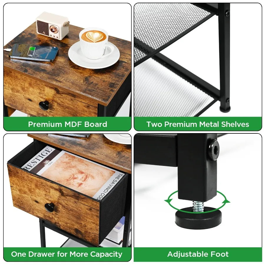 Modern Nightstand with 2 Storage Shelves and Charging Station Rustic Brown