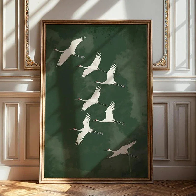 1pc Flying Crane Print Vintage Style Birds Prints Japanese Crane Painting Antique Canvas Wall Maximalist Art Home Decor
