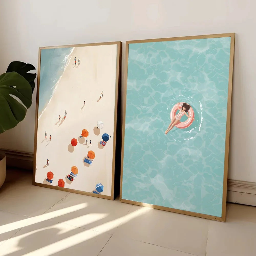 Nordic Summer Girl Swimming Pool Party Beach Ocean Boat Wall Art Print Poster Canvas Painting Picture Living Room & Home Decor