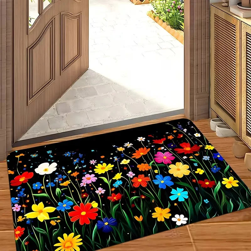 Vibrant Wildflower Pattern Entryway Doormat Soft Non-Slip Cottagecore Boho Home Decor Carpet for Front Door Patio Kitchen
