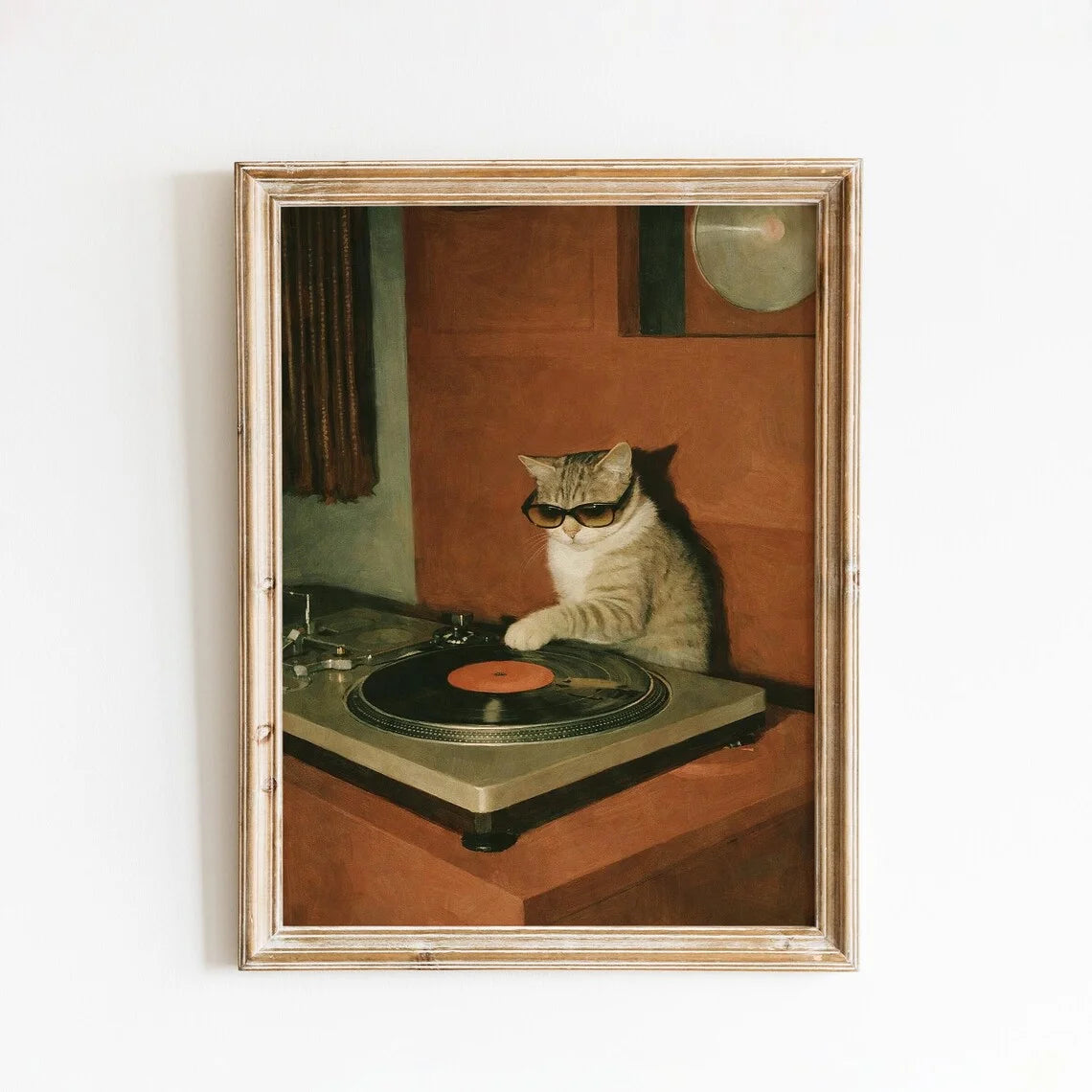 Retro Cat with Coffee Wall Art, Vintage Record Player Print, Cozy Living Room Decor, Bohemian Music Lover Poster, Colorful Home