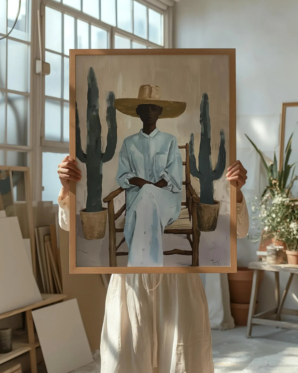 Minimalist Desert Wall Art Print, Southwestern Woman with Cactus Illustration, Modern Boho Style Decor, Digital Download Poster