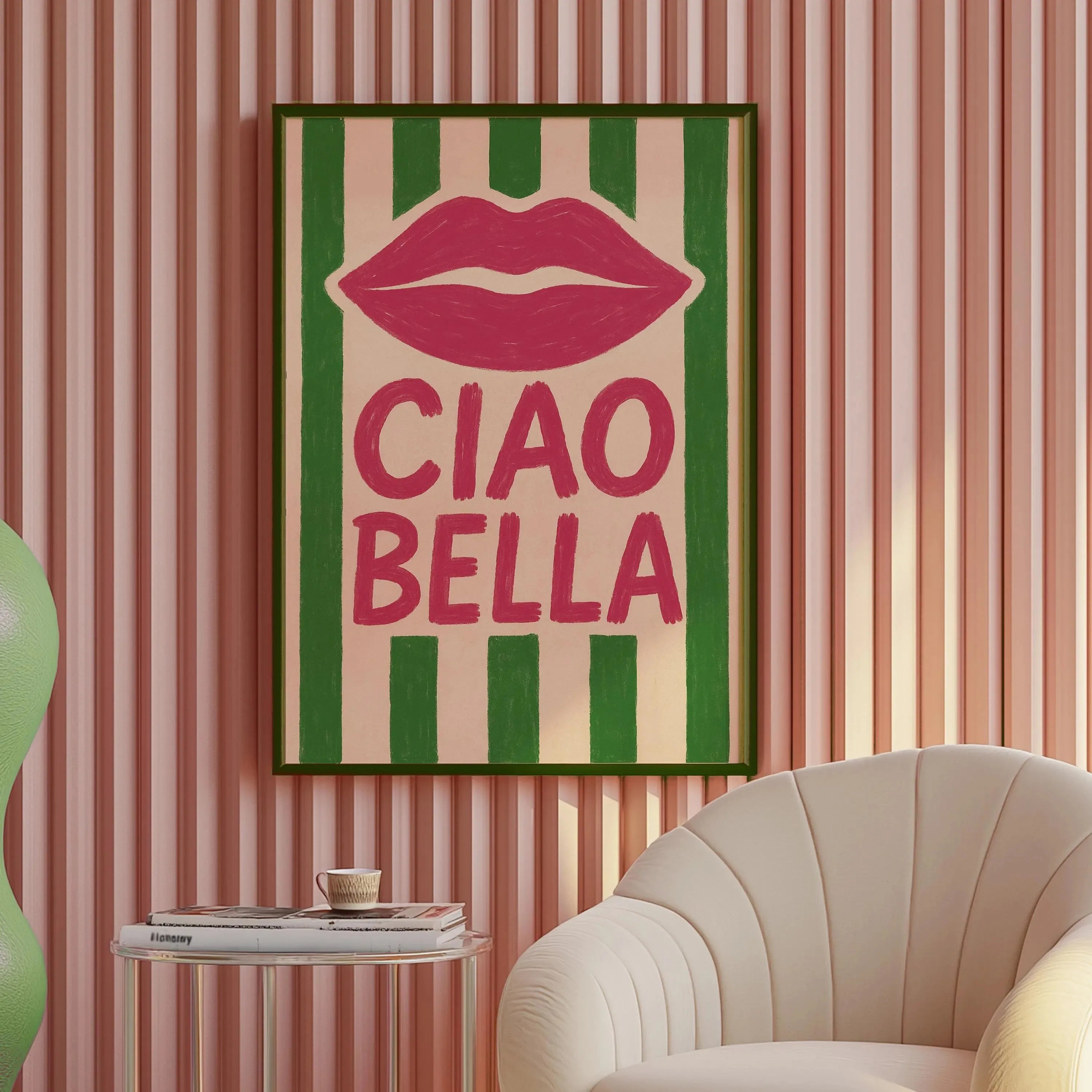 Ciao Bella Sage Green Striped Canvas Print Italy La Dolce Vita Quotation Wall Art Poster for Modern Living Room Y2k Home Decor