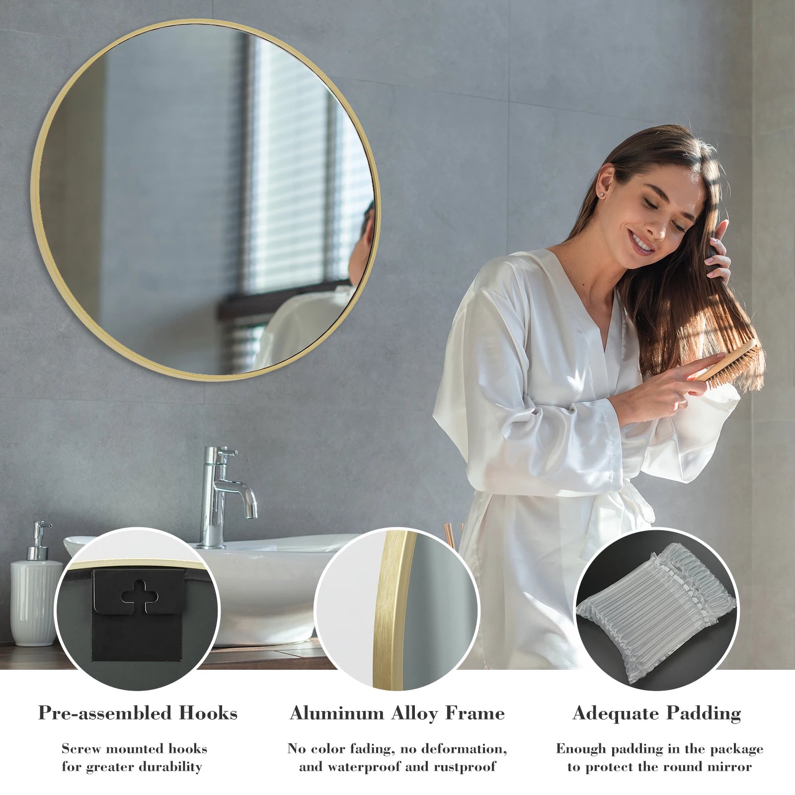 JHK 30 Inch Large Gold Round Vanity Framed Mirror for Wall Matte Metal Framed Modern Mirror Tempered Glass Bedroom Living Room