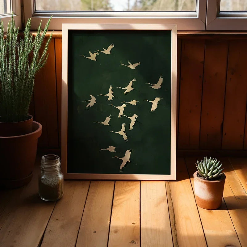1pc Flying Crane Print Vintage Style Birds Prints Japanese Crane Painting Antique Canvas Wall Maximalist Art Home Decor