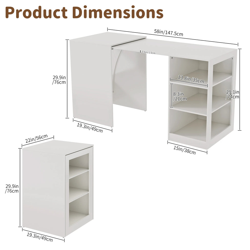 58" Office Desk with Pull Out Table on Hidden Wheels, Computer Desk with 3-Tier Open Shelves, Folding Desks for Small Spaces, as Kitchen Island, Bar(White)