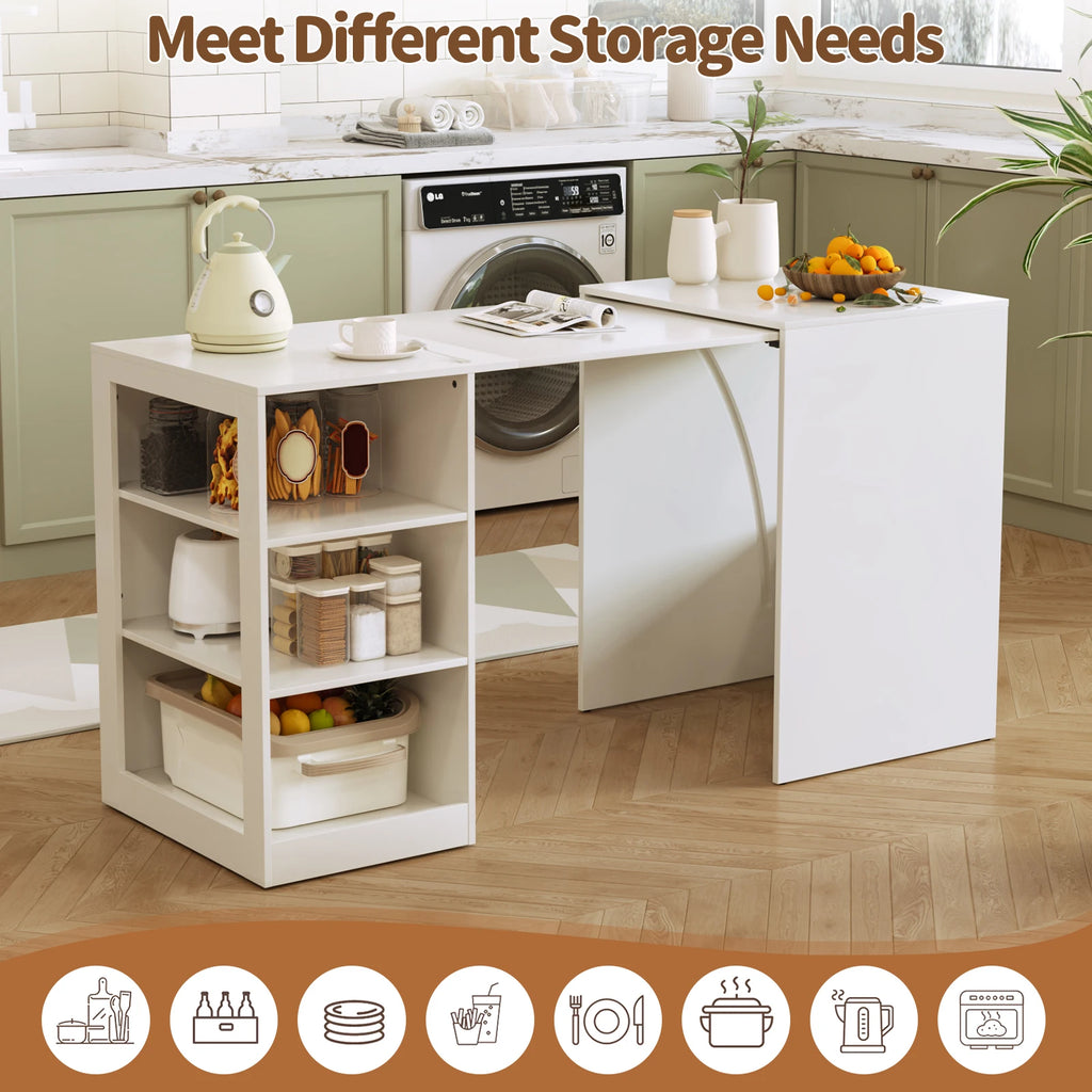 58" Office Desk with Pull Out Table on Hidden Wheels, Computer Desk with 3-Tier Open Shelves, Folding Desks for Small Spaces, as Kitchen Island, Bar(White)