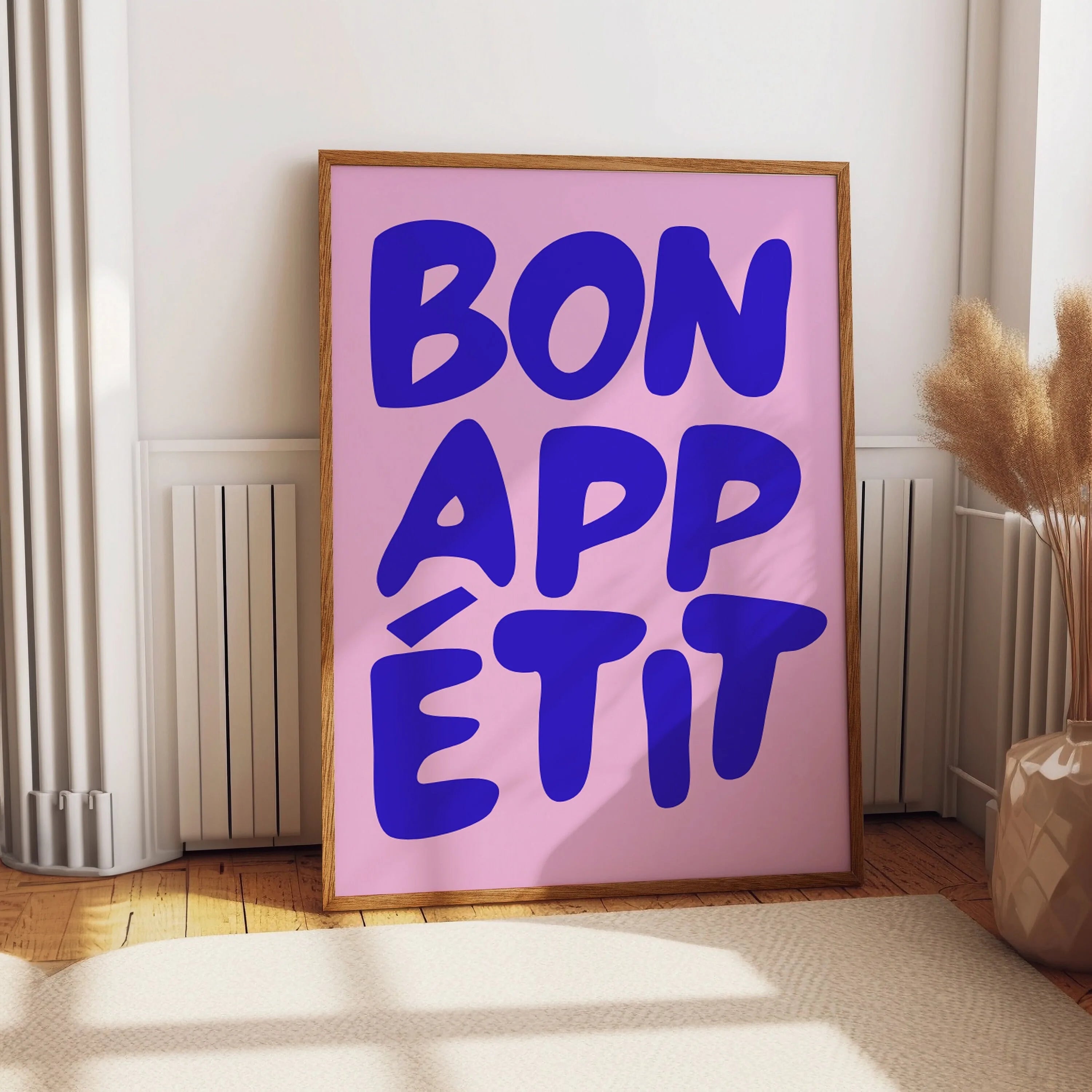 Bon Appetit Yellow White Striped Kitchen Print Mid-century French Quotation Wall Art Posters for Modern Living Rooms Home Decor
