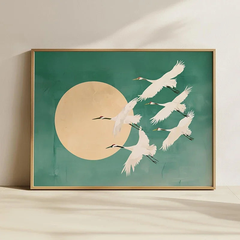 1pc Flying Crane Print Vintage Style Birds Prints Japanese Crane Painting Antique Canvas Wall Maximalist Art Home Decor