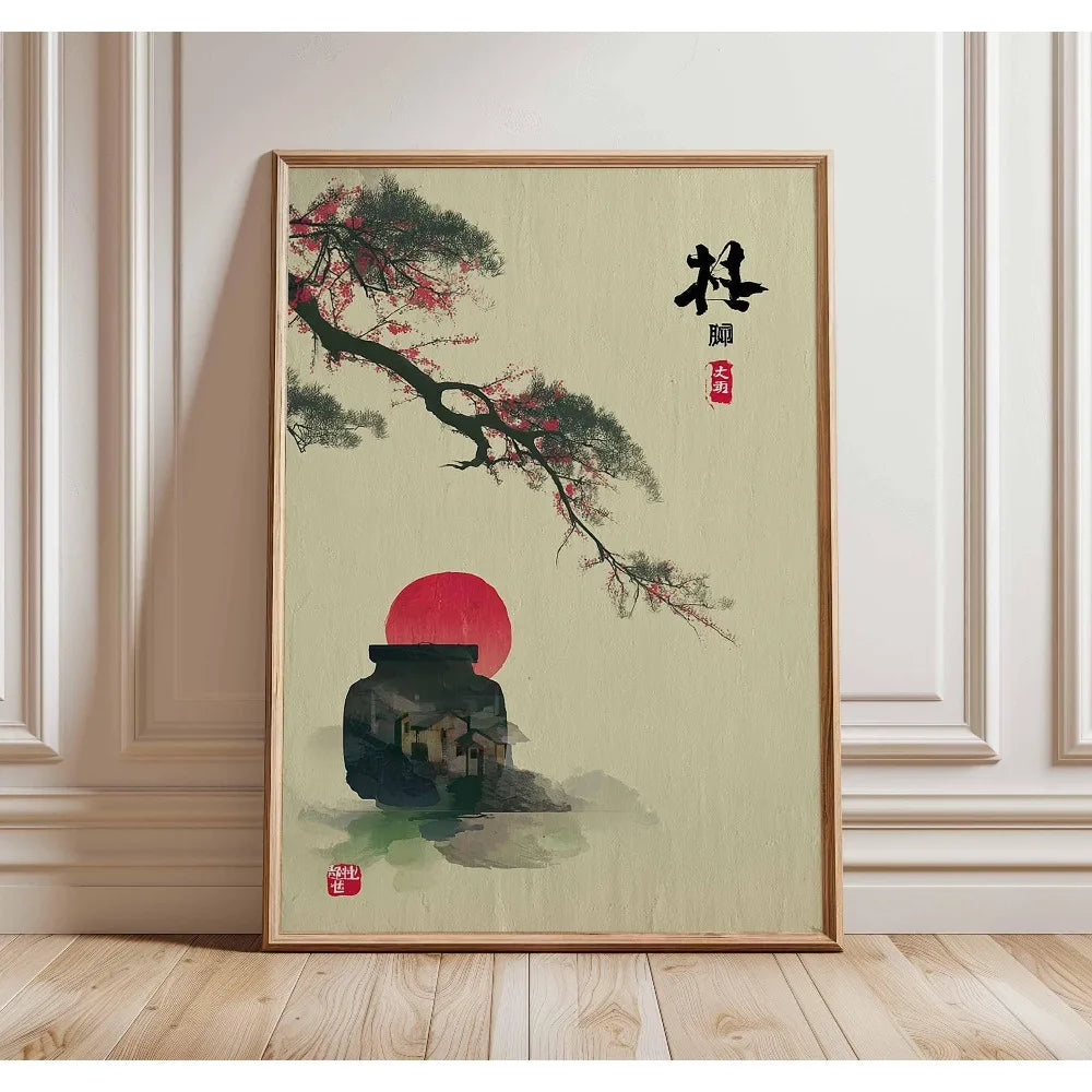 1 Frameless Japanese Tree Poster,Retro Landscape Painting,Natural Wall Art Print,Peaceful Landscape Art,Spring Flower Decoration