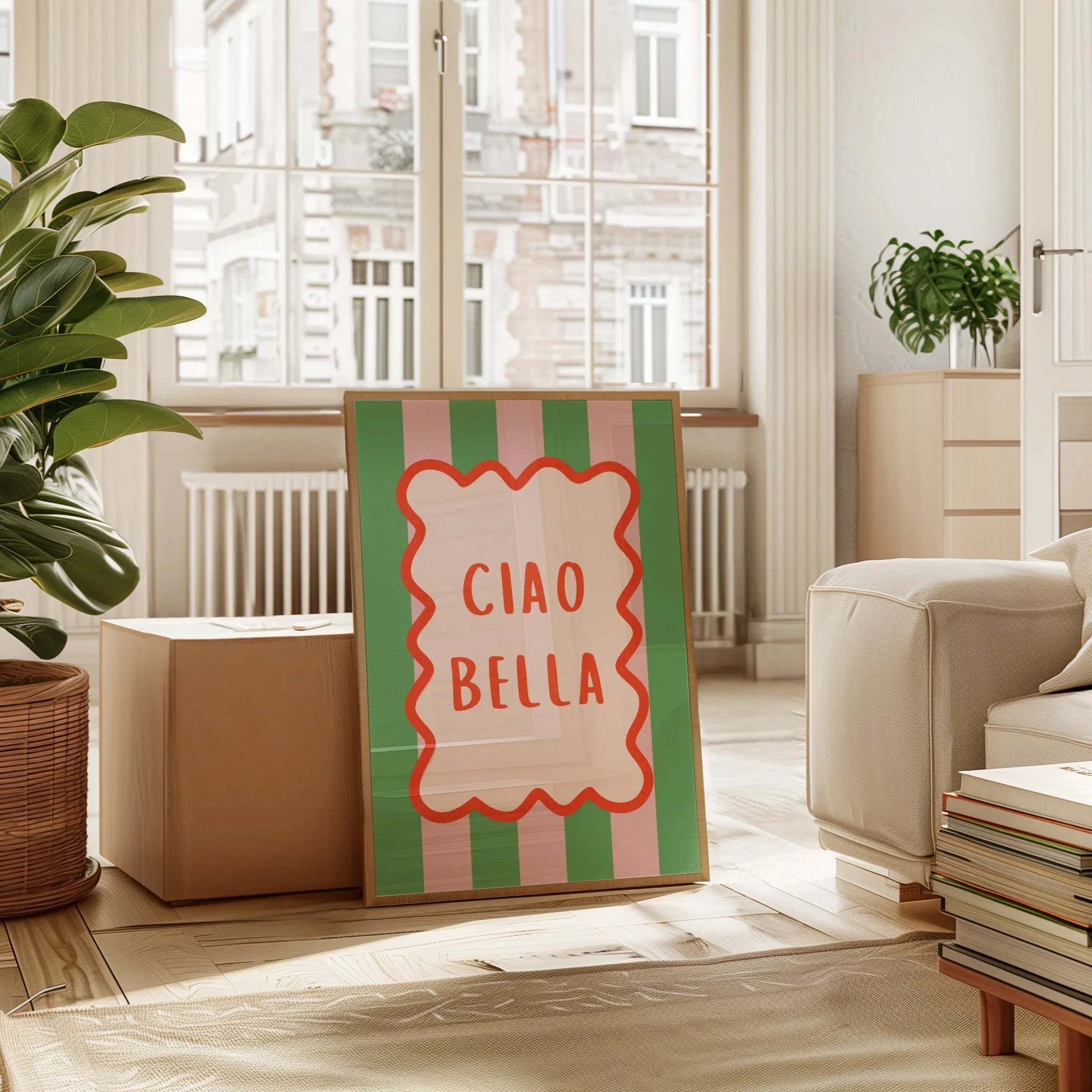 Ciao Bella Sage Green Striped Canvas Print Italy La Dolce Vita Quotation Wall Art Poster for Modern Living Room Y2k Home Decor