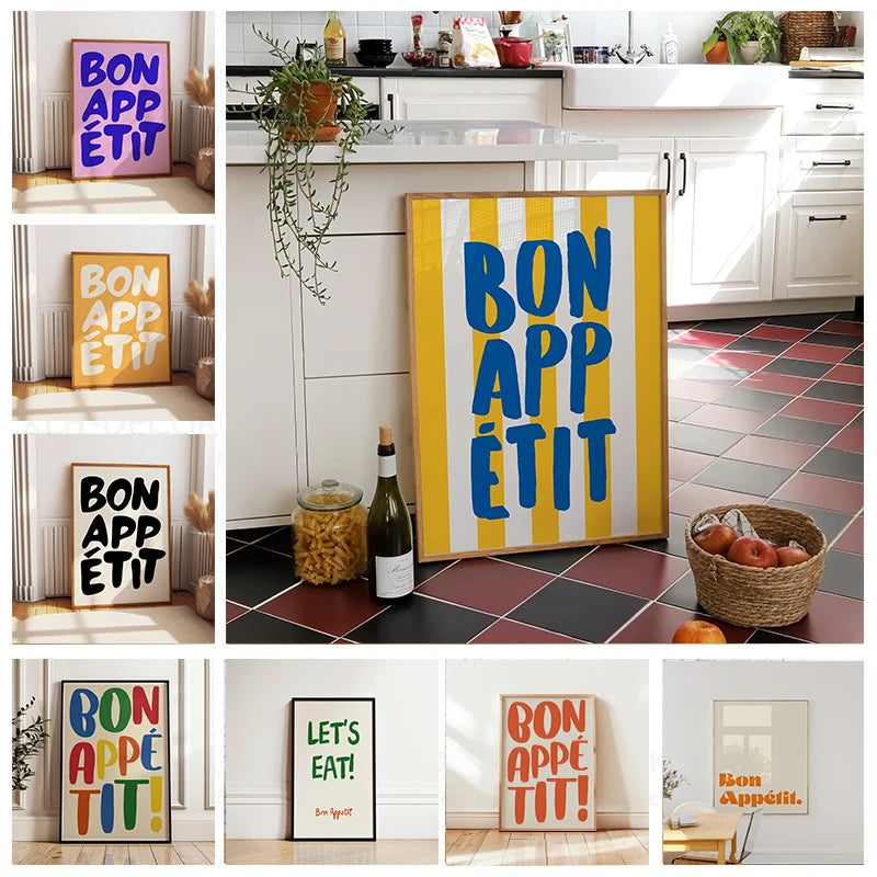Bon Appetit Yellow White Striped Kitchen Print Mid-century French Quotation Wall Art Posters for Modern Living Rooms Home Decor
