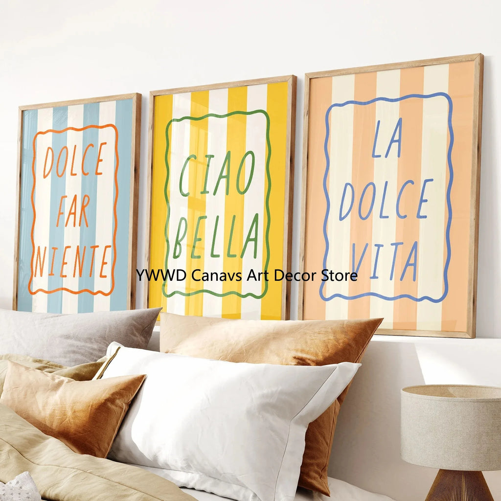Ciao Bella Sage Green Striped Canvas Print Italy La Dolce Vita Quotation Wall Art Poster for Modern Living Room Y2k Home Decor
