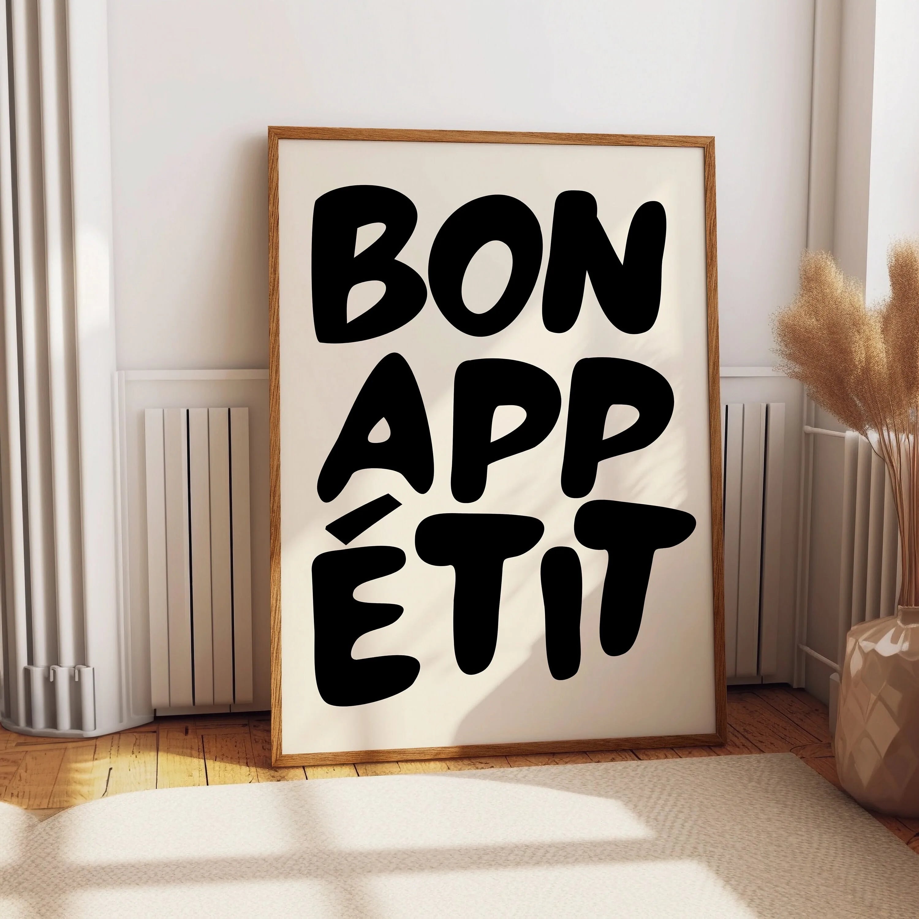 Bon Appetit Yellow White Striped Kitchen Print Mid-century French Quotation Wall Art Posters for Modern Living Rooms Home Decor