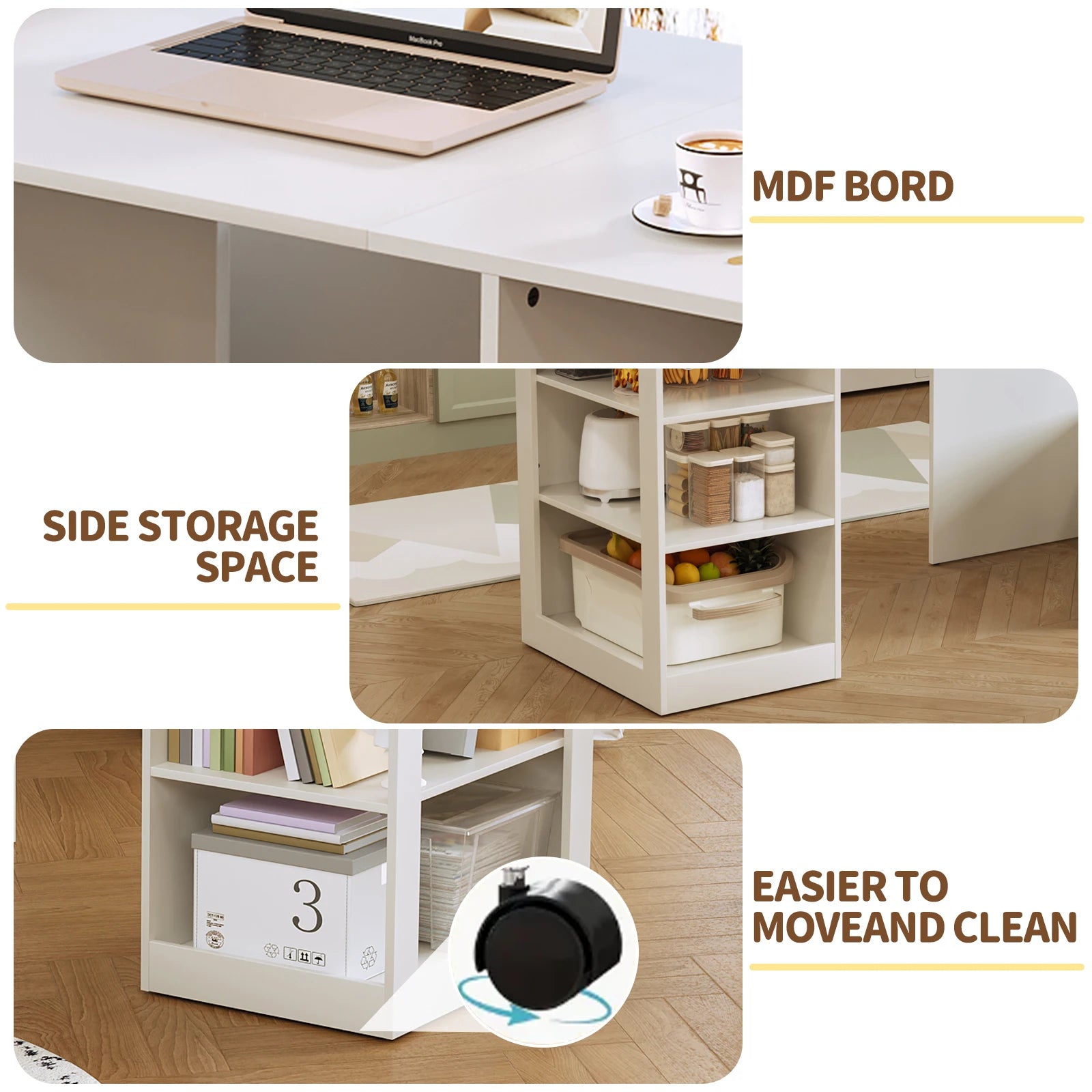 58" Office Desk with Pull Out Table on Hidden Wheels, Computer Desk with 3-Tier Open Shelves, Folding Desks for Small Spaces, as Kitchen Island, Bar(White)