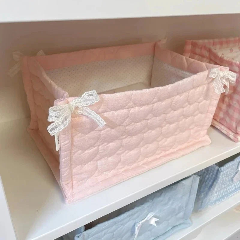 Square Storage Basket Lace Flower Desktop Organizer Storage Basket Korean Quilted Storage Basket Cute Storage Frame Home Decorat