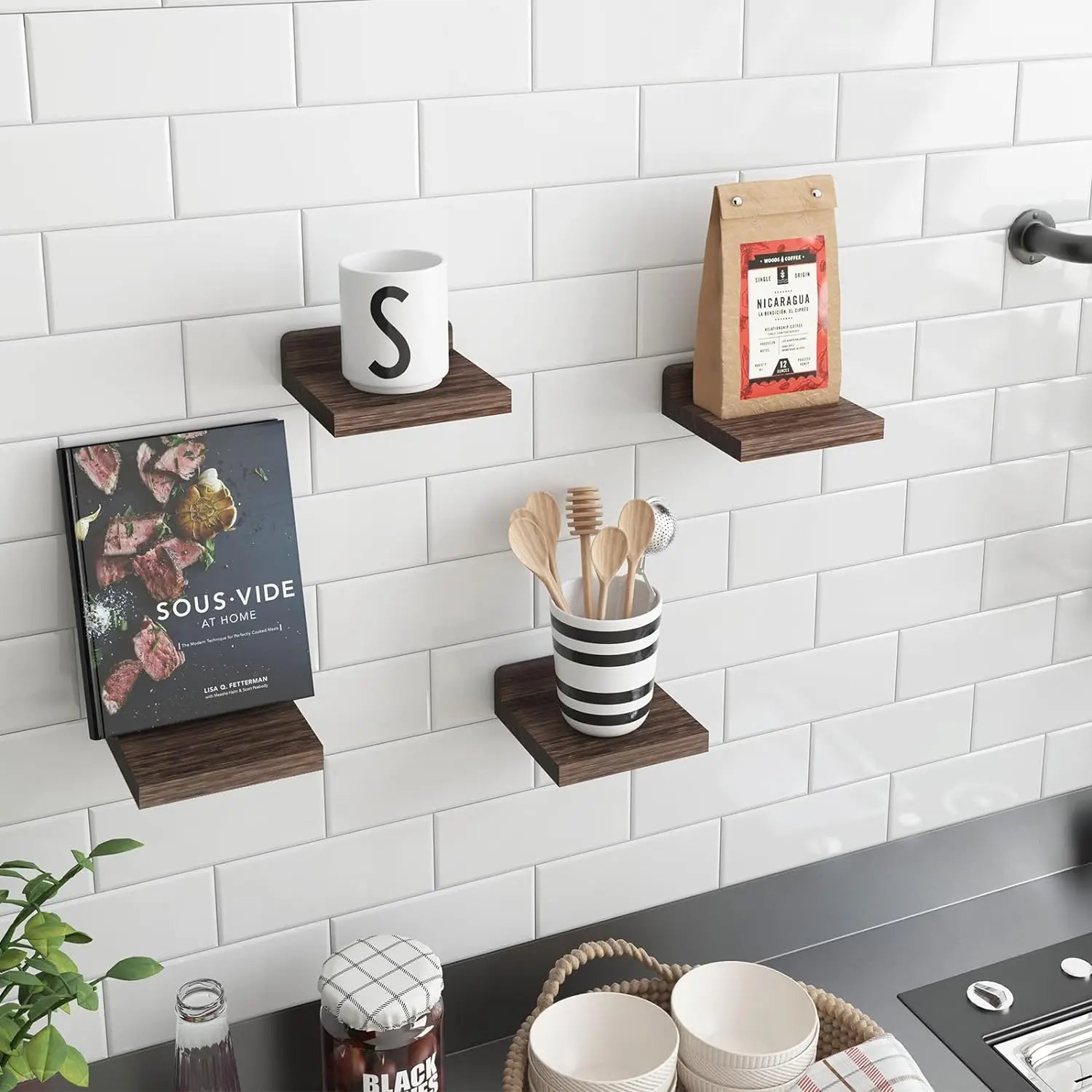 4-Pack Small Floating Shelves for Wall, Wood Shelf 5 Inch Display Ledges Room Decor, Mini with 2 Types of Installation