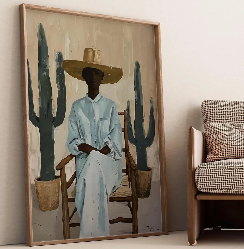 Minimalist Desert Wall Art Print, Southwestern Woman with Cactus Illustration, Modern Boho Style Decor, Digital Download Poster