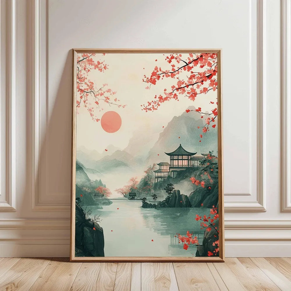 1 Frameless Japanese Tree Poster,Retro Landscape Painting,Natural Wall Art Print,Peaceful Landscape Art,Spring Flower Decoration