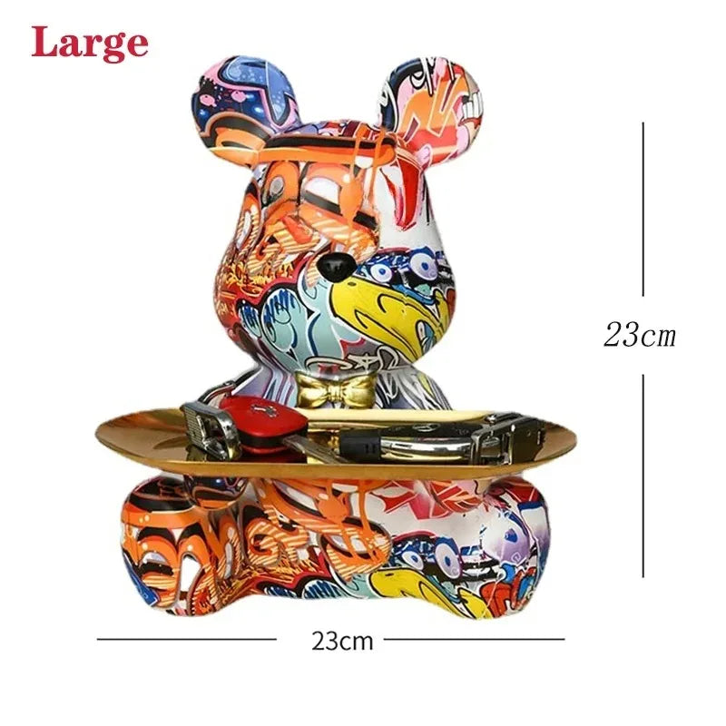 Trendy Colorful Graffiti Bear Abstract Resin Storage Statue Cute Doodle Animal Organizer Desk Holder for Home Office Ornaments