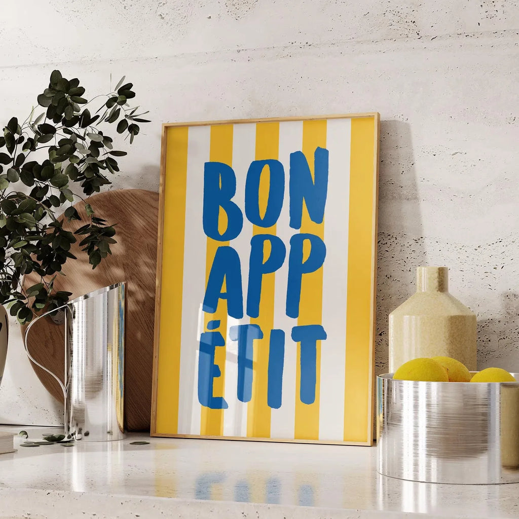 Bon Appetit Yellow White Striped Kitchen Print Mid-century French Quotation Wall Art Posters for Modern Living Rooms Home Decor