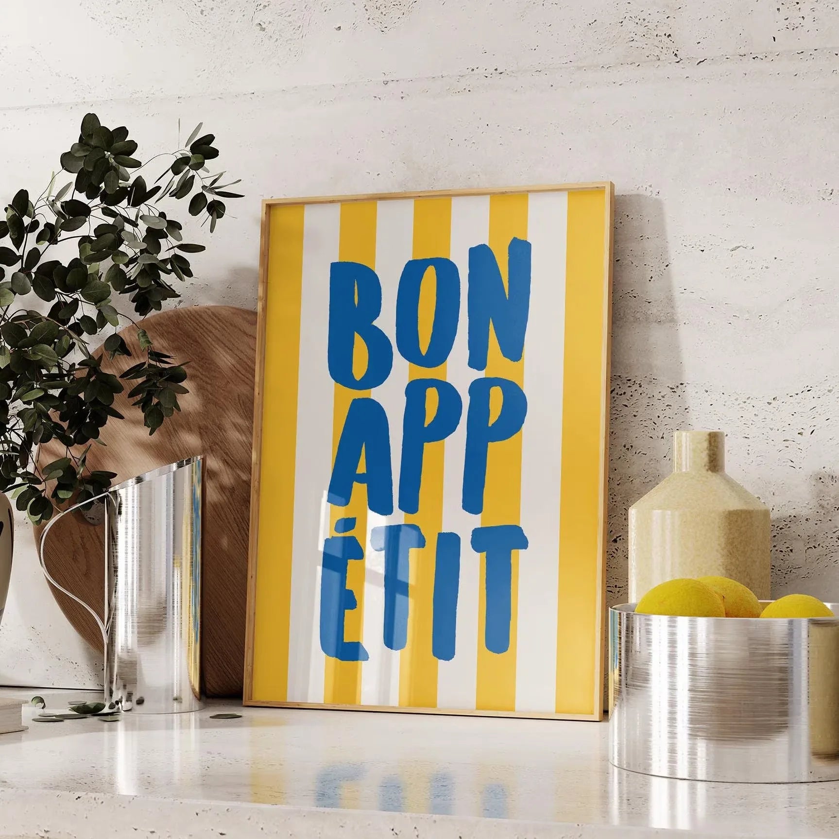 Bon Appetit Yellow White Striped Kitchen Print Mid-century French Quotation Wall Art Posters for Modern Living Rooms Home Decor