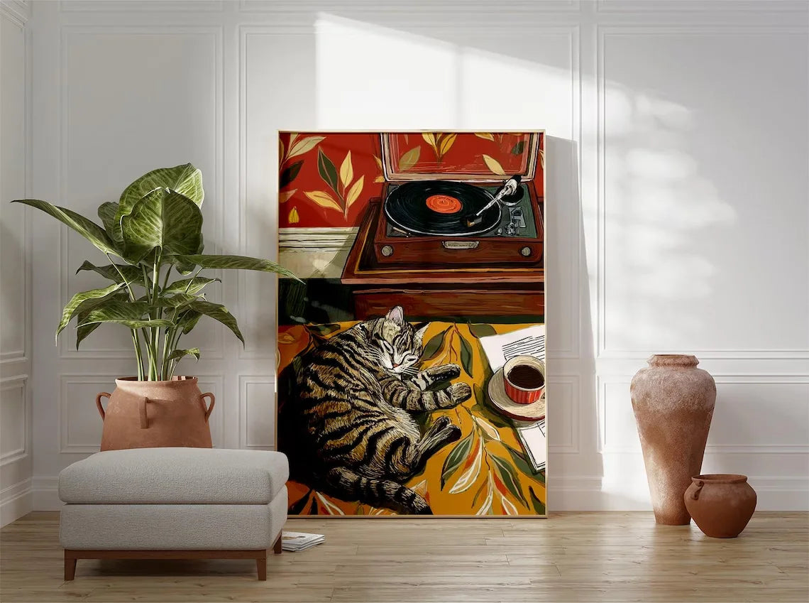 Retro Cat with Coffee Wall Art, Vintage Record Player Print, Cozy Living Room Decor, Bohemian Music Lover Poster, Colorful Home