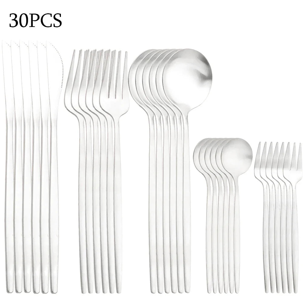 30Pcs Dinnerware Set Stainless Steel Flatware Matte Fork Spoon Knife Dinner Set Cutlery Kitchen Western Silverware Tableware Set