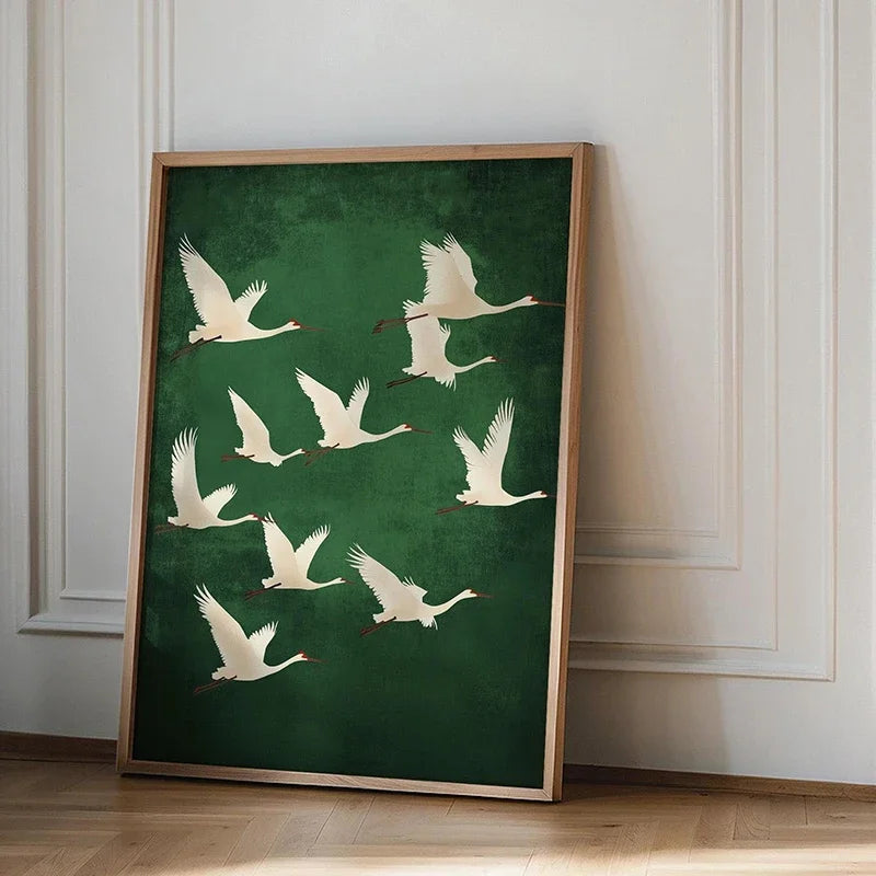 1pc Flying Crane Print Vintage Style Birds Prints Japanese Crane Painting Antique Canvas Wall Maximalist Art Home Decor