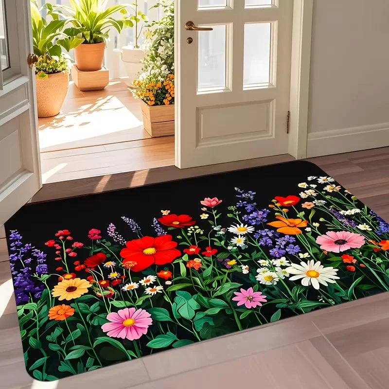 Vibrant Wildflower Pattern Entryway Doormat Soft Non-Slip Cottagecore Boho Home Decor Carpet for Front Door Patio Kitchen