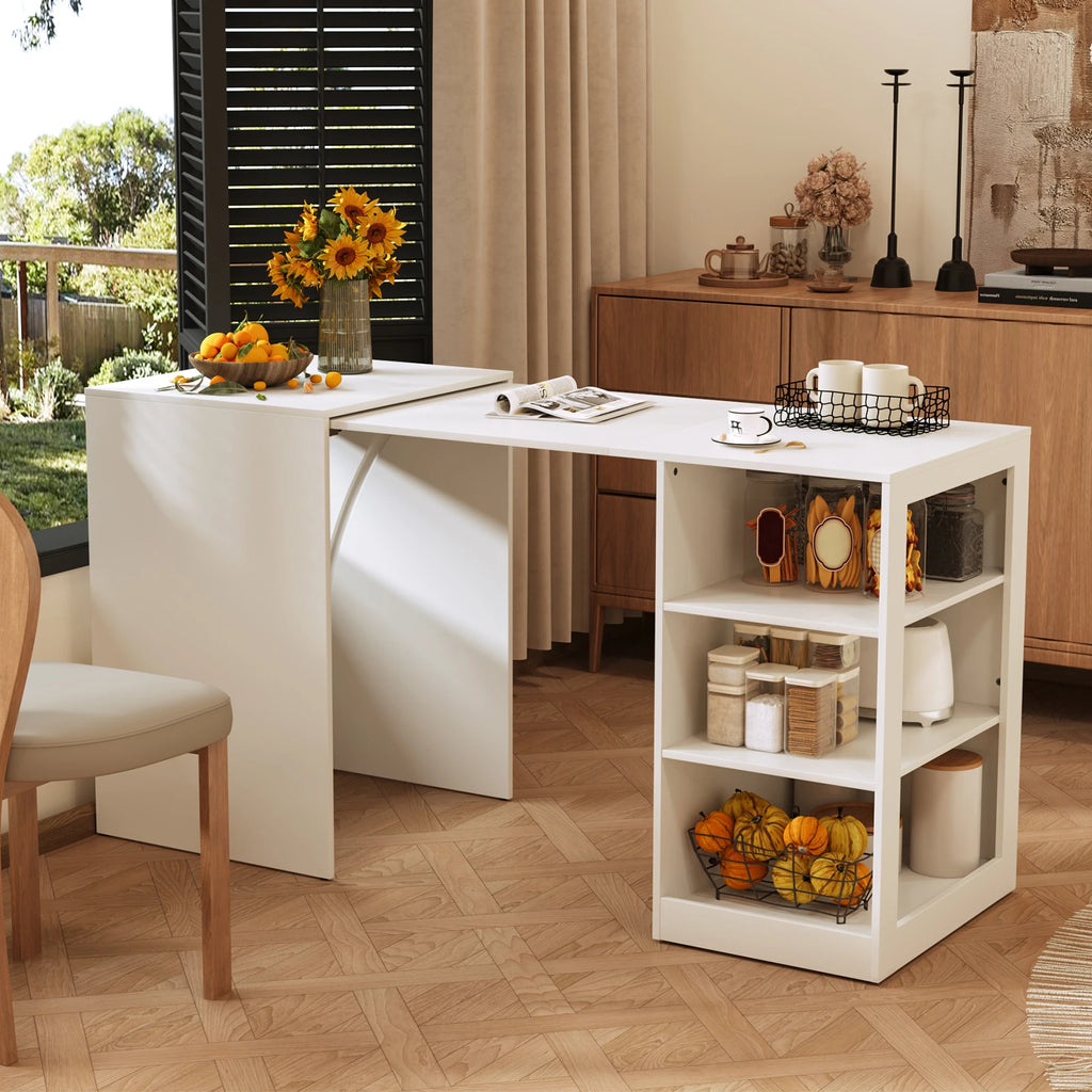 58" Office Desk with Pull Out Table on Hidden Wheels, Computer Desk with 3-Tier Open Shelves, Folding Desks for Small Spaces, as Kitchen Island, Bar(White)