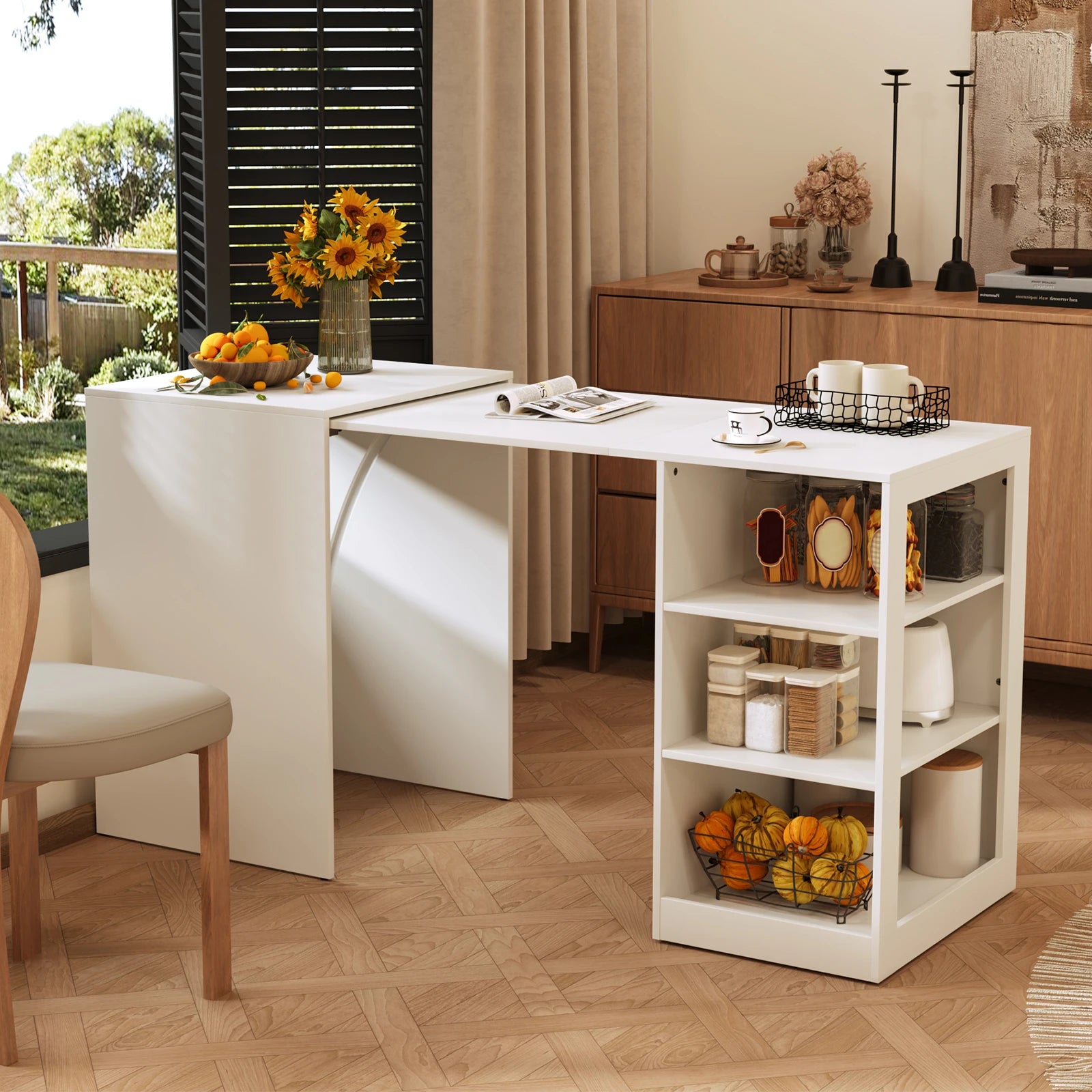 58" Office Desk with Pull Out Table on Hidden Wheels, Computer Desk with 3-Tier Open Shelves, Folding Desks for Small Spaces, as Kitchen Island, Bar(White)