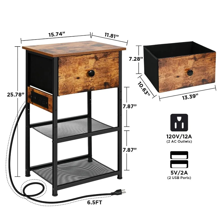 Modern Nightstand with 2 Storage Shelves and Charging Station Rustic Brown