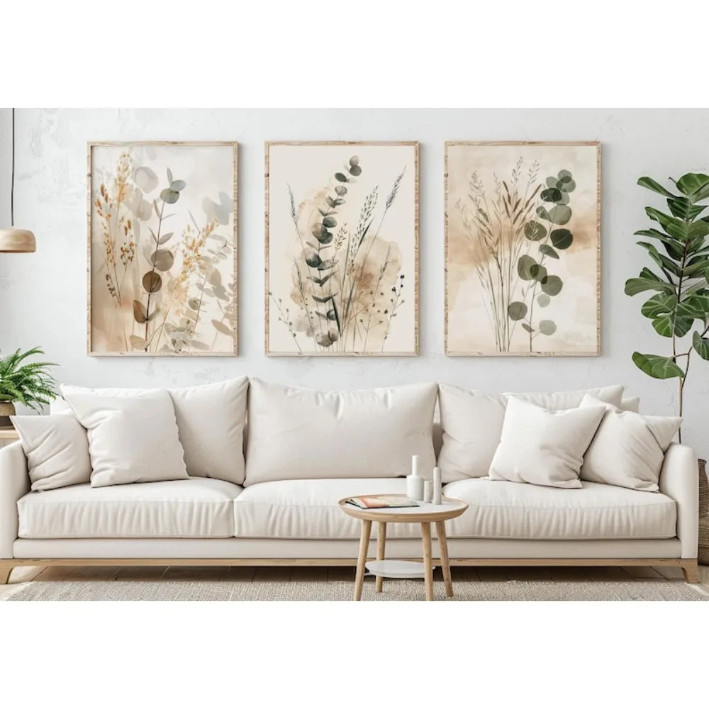 3pcs Frameless Plant Wall Neutral Minimalist Prints Scandinavian Bedroom Decor Eucalyptus Triptych Bohemian Living Room Wall Art